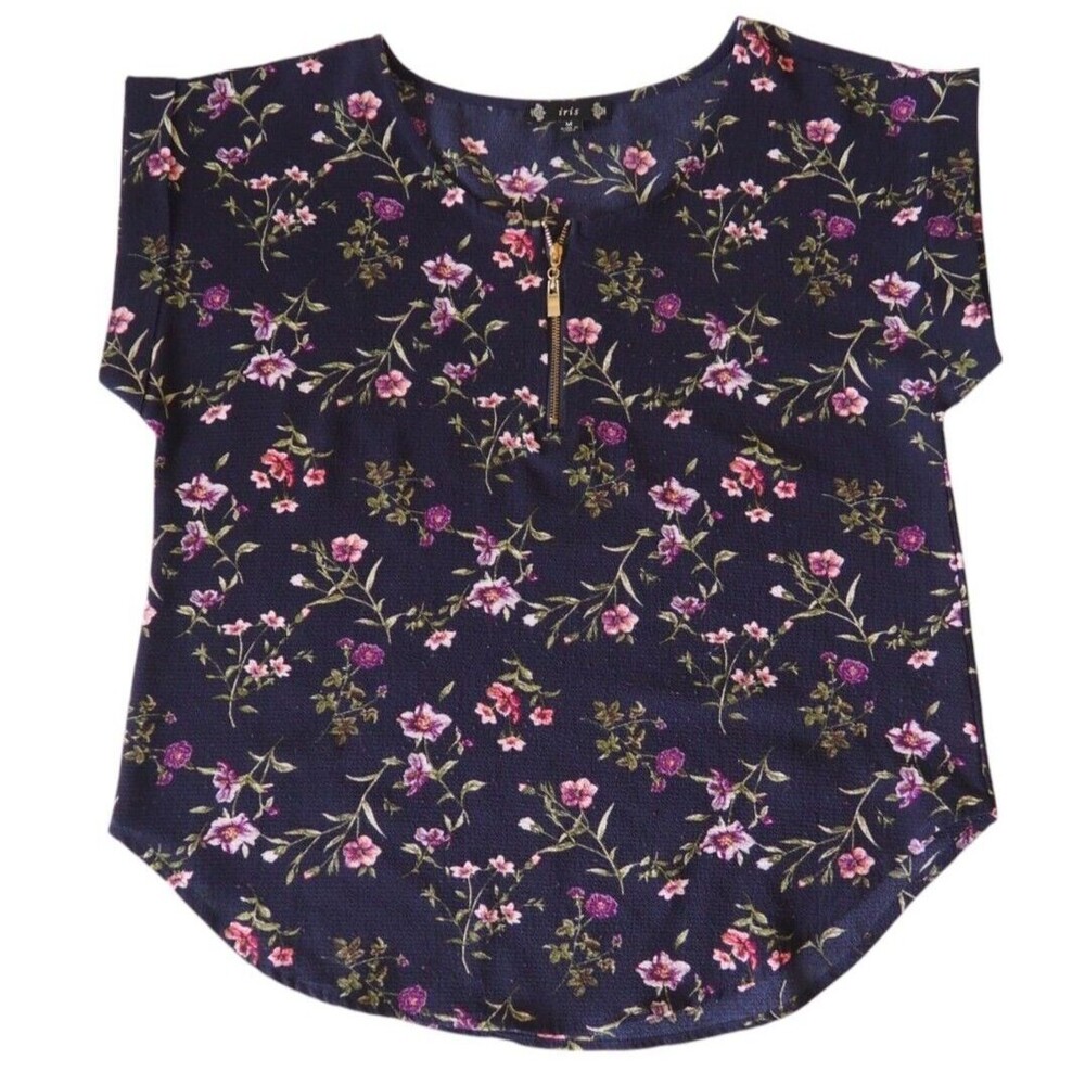Iris Floral Women's Black Top Size Medium